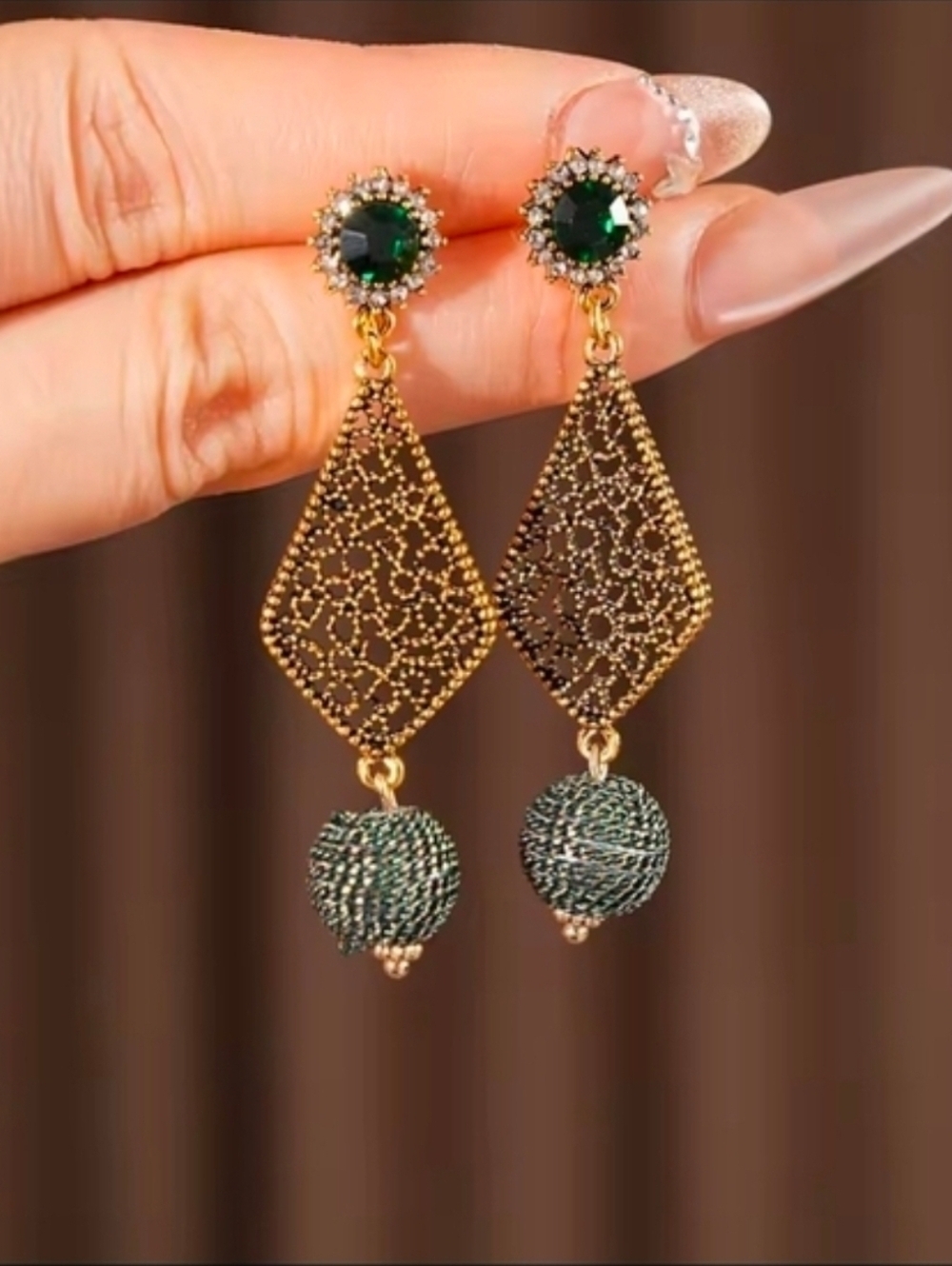 Gold color Filigree Drop Earrings with Deep Green Accents - Picture 4 of 6